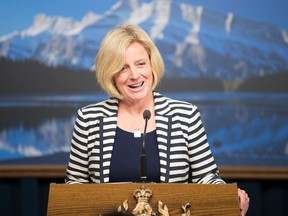 Alberta Premier designate Rachel Notley speaks to the media at the Alberta Legislature in Edmonton on May 20, 2015.