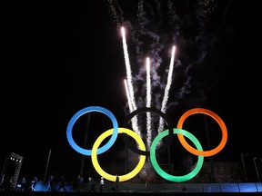 The Olympic Rings are unveiled at a ceremony at Madureira Park  May 20, 2015 in Rio de Janeiro, Brazil.