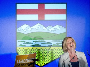 NDP leader Rachel Notley reacts on stage after being elected Alberta's new Premier in Edmonton on Tuesday, May 5, 2015.