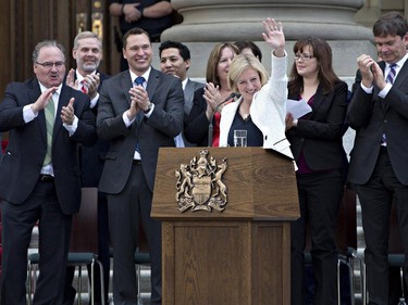 Rachel Notley is applauded after being sworn in as Alberta's 17th premier in Edmonton on Sunday, May 24, 2015.