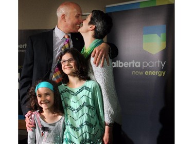 Greg Clark with his wife Jessica Simon and daughters Miranda 8, and Laura 11,  celebrate winning the Calgary Elbow riding for the Alberta Party - party on May 5, 2015 election day.