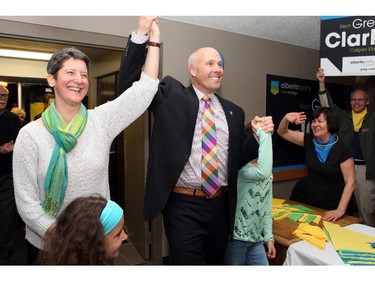 Greg Clark arrives with his wife Jess in Calgary Elbow at the Alberta Party - party after winning the seat away from PC Gordon Dirks on May 5, 2015 election day.