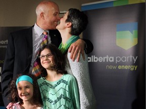 Greg Clark with his wife Jessica Simon and daughters Miranda 8, and Laura 11,  celebrate winning the Calgary Elbow riding for the Alberta Party - party on May 5, 2015 election day.