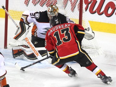 Calgary Flames left winger Johnny Gaudreau skated on a breakaway towards Anaheim Ducks goalie Frederik Andersen during first period NHL playoff action at the Scotiabank Saddledome on May 8, 2015. Gaudreau set up teammate Sean Monahan on the play for the Flames first goal of the game.