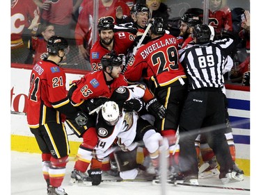 Things heated up between the Calgary Flames and Anaheim Ducks as a number of scraps broke out during second period NHL playoff action at the Scotiabank Saddledome on May 8, 2015.
