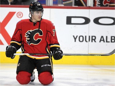 Calgary Flames left winger Micheal Ferland skated during warm up prior to the game against the Anaheim Ducks in NHL playoff action at the Scotiabank Saddledome on May 8, 2015.