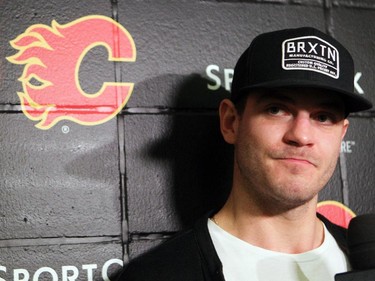 Calgary Flames player centre Lance Bouma talked to the media during the annual garbage bag day at the Scotiabank Saddledome on May 12, 2015.