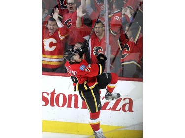 Calgary Flames left winger Micheal Ferland celebrated after scoring the Flames second goal of the game agaisnt the Anaheim Ducks during first period NHL playoff action at the Scotiabank Saddledome on May 8, 2015.
