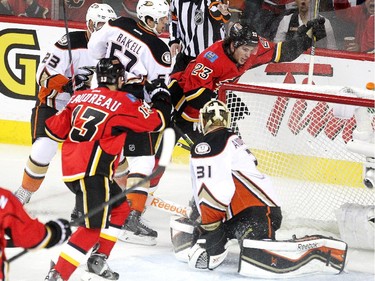 Calgary Flames centre Sean Monahan celebrated after scoring on Anaheim Ducks goalie Frederik Andersen during first period NHL playoff action at the Scotiabank Saddledome on May 8, 2015. Flames left winger Johnny Gaudreau set up the goal on a breakaway.