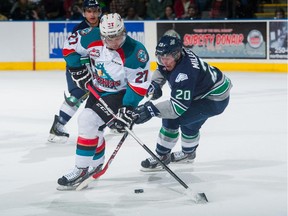Calgarian Josh Morrissey of Kelowna Rockets battles Seattle's Cory Millette during a January meeting. He is leading the Rockets to the Memorial Cup this weekend in Quebec.