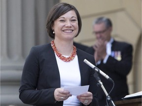 Shannon Phillips is sworn in as the Alberta Minister of Environment and Parks and Minister Responsible of the Status of Women in Edmonton on Sunday, May 24.