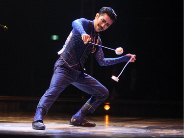 Cirque du Soleil's Tomonari (Black) Ishiguro performs as part of Kurios Cabinet of Curiosities. Cirque du Soleil performers presented Kurios Cabinet of Curiosities during their dress rehearsal night at the Calgary Stampede grounds on April 8, 2015.