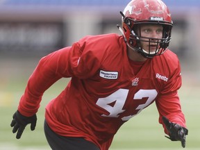 Linebacker Max Caron trains at the Calgary Stampeders rookie camp at McMahon Stadium on Thursday.