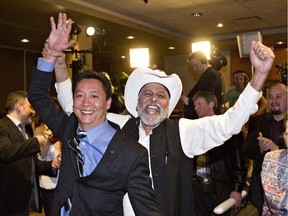 Alberta Wildrose MLA Tany Yoa celebrates the win in his riding with supporters in Fort McMurray  on Tuesday May 5, 2015.