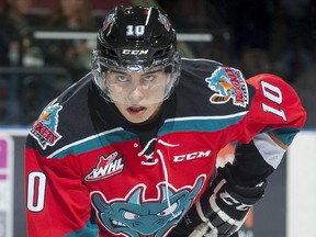 Calgary's Nick Merkley had three assists in Game 3 of the WHL final on Monday night, leading the Kelowna Rockets to a 5-3 win and 3-0 series lead over the Brandon Wheat Kings.