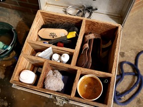 A groom's tack box in the East Meadows barn at Spruce Meadows.