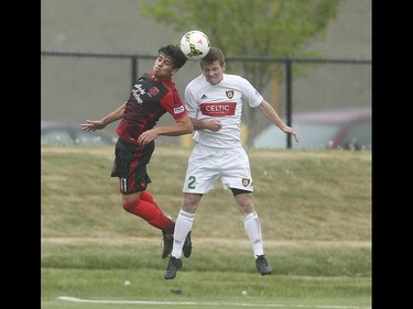 Portland Timbers striker Adrien Perez, left, and Fotthils FC defender Dean Northover double header the ball at Hellard Field in Calgary on Tuesday, June 2, 2015. The Foothills FC led the Portland Timbers, 1-0, at the first half of regular season Premier Development League play.