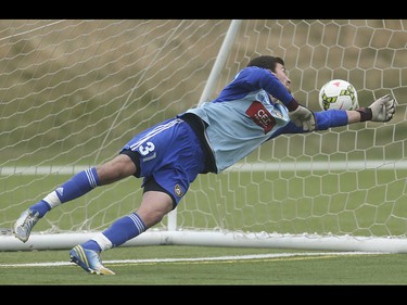 Foothills FC keeper Sean Melvin misses a free kick, ending the Foothills FC lead over the Portland Timbers at Hellard Field in Calgary on Tuesday, June 2, 2015. The Foothills FC tied the Portland Timbers, 1-1, at the end of regular season Premier Development League play.