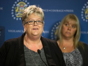 Karen Venables, left, and Debbie Hogarth announce the creation of a Calgary Homicide Support Society at Calgary Police Headquarters in Calgary on Wednesday, June 3.