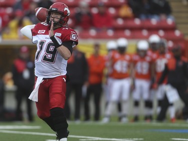 Calgary Stampeder quarterback Bo Levi Mitchell passes down field at McMahon Stadium in Calgary on Friday, June 12, 2015. The Calgary Stampeders tied the B.C. Lions, 6-6, at the end of the half in an pre-season exhibition game.