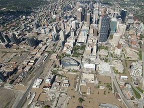 A flooded downtown Calgary is seen from a aerial view of the city Saturday, June 22, 2013.