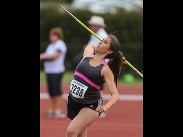 Kathryn Philpott competes in the 500g javelin throw at the Caltaf Track Classic in Calgary on Saturday, June 20, 2015.