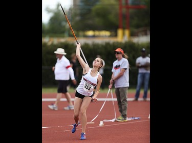 Suzanne Wensley prepares to release her javelin in the 500g javelin throw at the Caltaf Track Classic in Calgary on Saturday, June 20, 2015.