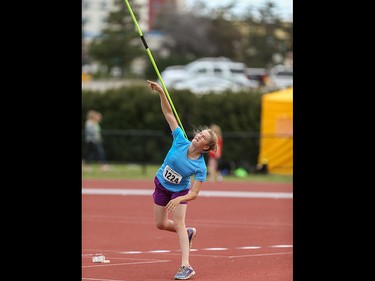 Rachel Dyck sends her javelin flying in the 500g javelin throw at the Caltaf Track Classic in Calgary on Saturday, June 20, 2015.