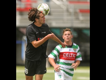 Washington Crossfire player Logen Flem heads the ball at Hellard Field in Calgary on Sunday, June 21, 2015.