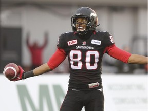 Stamps kick returner Sederrik Cunningham, seen celebrating a touchdown against the Edmonton Eskimos in last fall's West final, is looking for big things this season after a breakout rookie campaign.