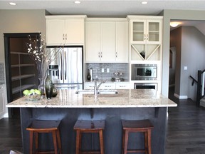 The kitchen in the Manchester show home by WestView Homes in Cimarron in Okotoks.