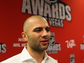 Calgary Flames captain Mark Giordano attends the 2015 NHL Awards nominee media availability at MGM Grand Arena on Tuesday in Las Vegas. He is up for the King Clancy Memorial Trophy and NHL Foundations Player Awards.