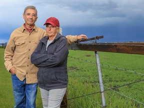 Keren Farquharson, right, and Louis Delgado, are photographed on their farm northwest of Calgary just outside Madden, Alta, June 19, after notifying authorities that they found one of the cows that graze their land, not only dead, but supposedly mutilated, in their pasture on June 6, 2015.