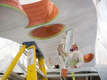 In order to meet its deadline, Reggin Industries had a crew of 10 men working on the piece over the final week of fabrication; Sei had to catch an early morning ride to Vancouver on Saturday, June 6. The work, comprised of one piece of curved stainless steel, will sit on a plinth of black granite and marble.