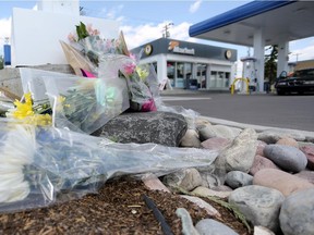A memorial for Maryam Rashidi at the Centex gas station in Calgary, where she was hit by a stolen truck.
