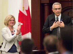 Premier Rachel Notley claps after Medicine Hat MLA Bob Wanner was elected Speaker of the legislative assembly on Thursday.