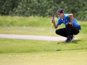 Airdrie's Patrick Murphy, who plays out of the Glencoe G&CC, lines up a putt in the first round of the Alberta Open earlier this week at Carnmoney GC. On Thursday, at the same course, he claimed the Alberta Match Play Championship.