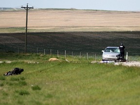 Beisker RCMP were investigating after a crash between a motorcycle and a car left one man dead and two women in the hospital north of Rockyford on Highway 21 and Township road 272 on Saturday June 6, 2015.