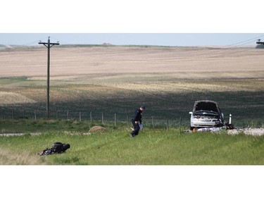 Beisker RCMP were investigating after a crash between a motorcycle and a car left one man dead and two women in the hospital north of Rockyford on Highway 21 and Township road 272 on Saturday June 6, 2015.
