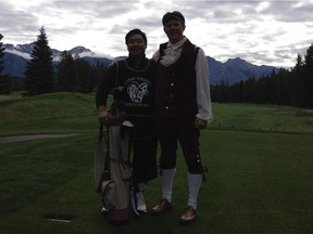 Caddy Taketo Hamada, left, and Banff Springs director of golf Steve Young pose on the first tee box. They came dressed up for the Heritage Golf Experience during a round earlier this month. Jefferson hagen / Calgary Herald