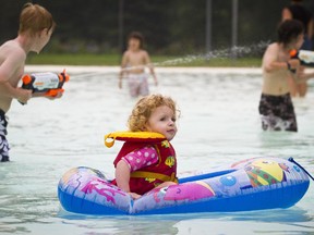 Caitlyn Lowe, 2 1/2, plays in the wading pool at Riley Park Thursday, August 15, 2013 in this file photo.
