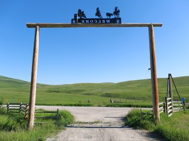 Entrance gate at the Bar-N Ghost Pine Ranch in Southern Alberta, the 15,000 acre pristine ranch is listed for sale for $42.5 million US.