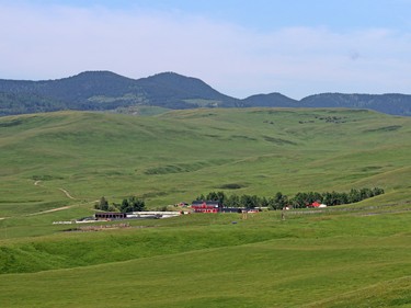The main barns on the Bar-N Ghost Pine Ranch in Southern Alberta are nestled in a protected valley. The 15,000 acre pristine ranch is listed for sale for $42.5 million US.