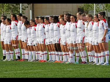 Team Canada lines up before taking on New Zealand in the Rugby Canada Super Series at Calgary Rugby Park on Saturday June 27, 2015.