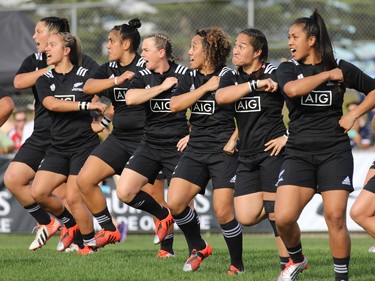 New Zealand peforms a  haka, a traditional Maori ancestral war cry dance, before taking on Team Canada in the Rugby Canada Super Series at Calgary Rugby Park on Saturday June 27, 2015.