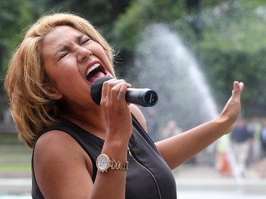 Inez Jasper of Chilliwack, BC, performs Monday June 15, 2015 during the opening ceremonies of Aboriginal Awareness Week at Olympic Plaza. This year's theme is Keeping the Circle Strong, Honouring our Veterans and Elders. Saturday is the Family Day Festival Pow Wow at the Calgary Stampede Indian Village.