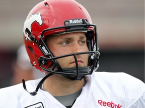 Stamps punter Rob Maver watches on the sidelines as during the team's annual intra-squad game on Sunday at McMahon Stadium.
