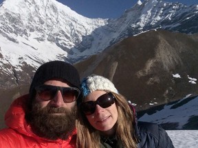 Cam Dobranski and Jacq Warrell are pictured in Nepal in April. The Calgary couple were caught in the deadly earthquake while trekking through the country.