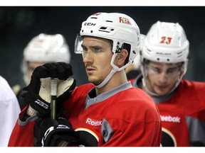 Calgary Flames centre Mikael Backlund listened to instructions from the coaching staff as the team skated during practice on April 28, 2015 as the team prepared for their second round playoff round against the Anaheim Ducks.