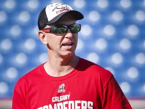 Calgary Stampeders assistant head coach Dave Dickenson gestures during the first day of training camp in Calgary, Sunday, May 31, 2015.THE CANADIAN PRESS/Jeff McIntosh